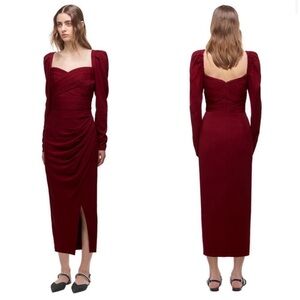 SELF PORTRAIT, BURGUNDY IRIS WRAP MIDI DRESS